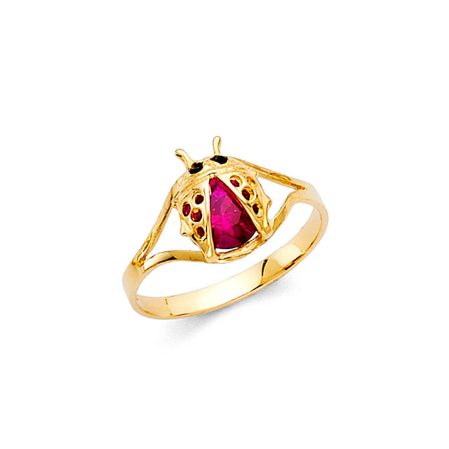 14K Yellow Gold Baby Ladybug Ring on White Background