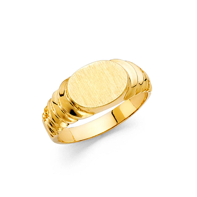 14K Yellow Gold Children's Ribbed Oval Signet Ring on White Background