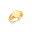 14K Yellow Gold Children's Floral Filigree Oval Signet Ring on White Background