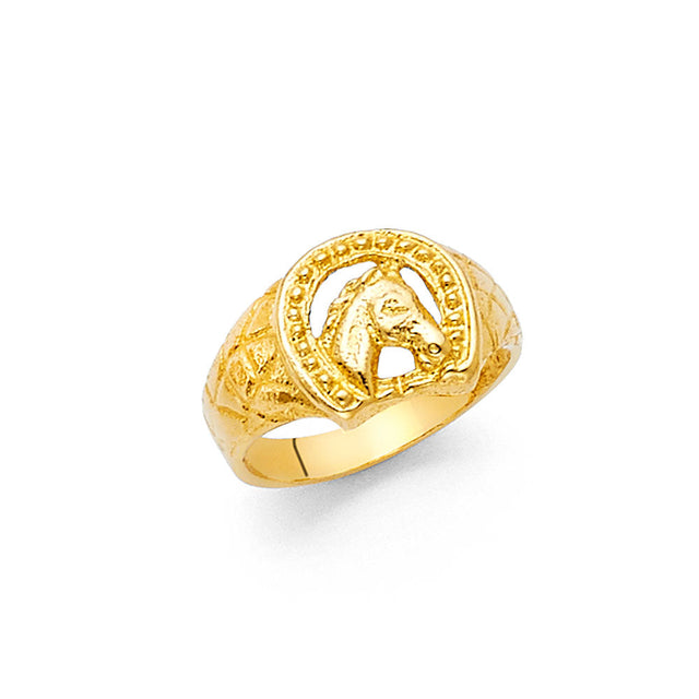 14K Yellow Gold Children's Lucky Horseshoe Ring on White Background