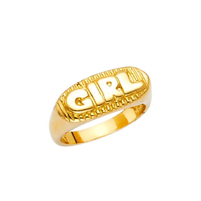 14K Yellow Gold Baby Girl Nameplate Ring on White Background