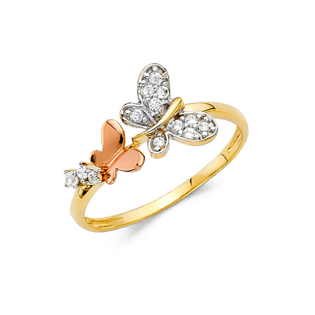 14K Two-Tone Gold Rose Accent Double Butterfly Ring on White Background