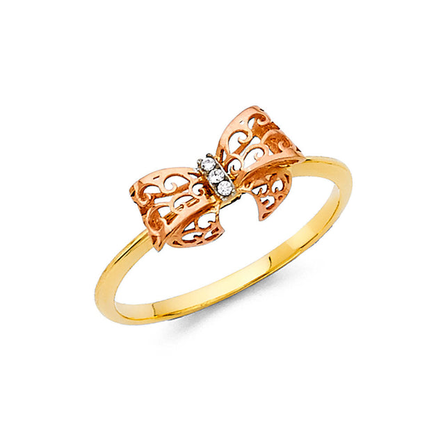 14K Tri-Color Gold Ribbon Bow Ring on White Background