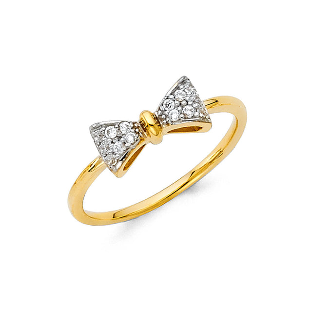 14K Two-Tone Gold Pavé Ribbon Bow Ring on White Background