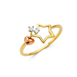14K Tri-Color Gold Star and Heart Ring on White Background