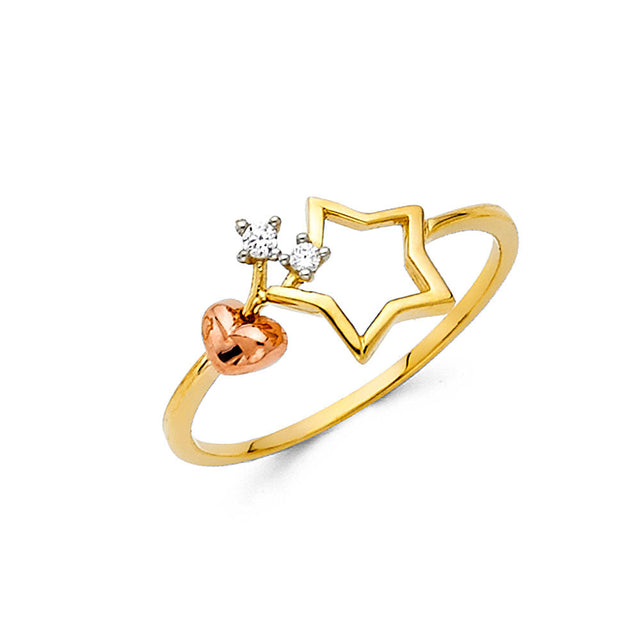 14K Tri-Color Gold Star and Heart Ring on White Background