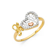 14K Tri-Color Gold Heart and Bow Ring on White Background