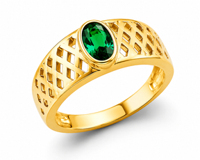 14K Yellow Gold Green Oval Lattice Ring on White Background