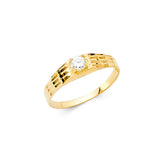 14K Yellow Gold Baby Clear Round Solitaire Lattice Ring on White Background