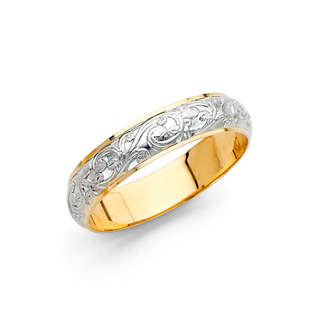 14K Two-Tone Gold Scroll-Engraved 4mm Women's Wedding Band