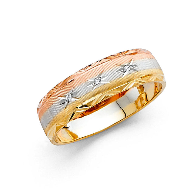 14K Tricolor Gold Braided Wedding Trio Set on White Background