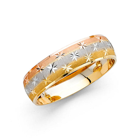 14K Tri-Color Gold Diamond-Cut Starburst Men's Wedding Band