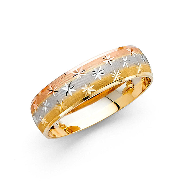 14K Tri-Color Gold Diamond-Cut Starburst Men's Wedding Band