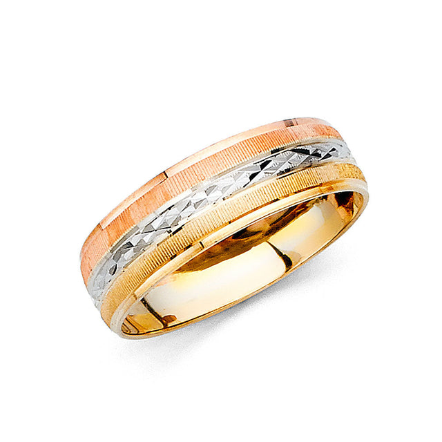 14K Tri-Color Gold Diamond-Cut Stripe Men's Wedding Band