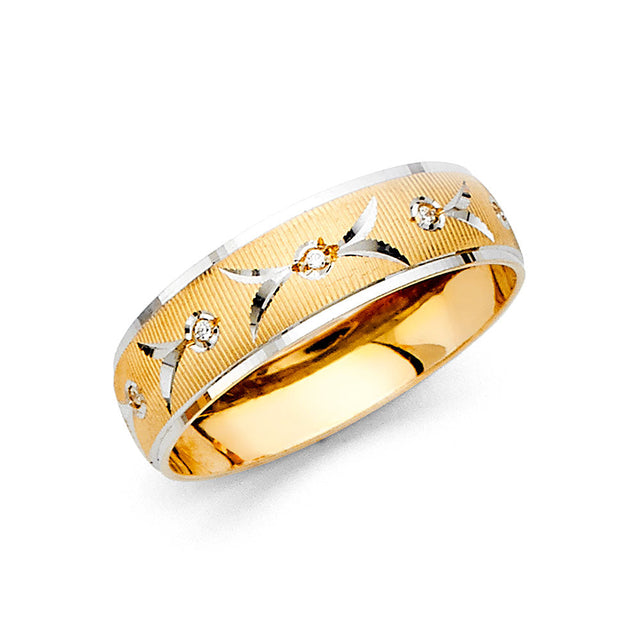 14K Two-Tone Gold CZ Swirl Wedding Trio Set — Men's Wedding Band on White Background