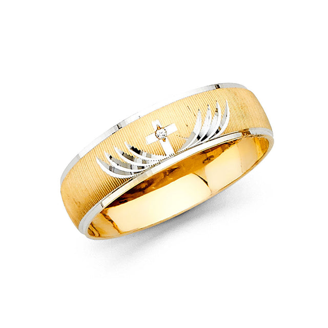 14K Two-Tone Gold CZ Leaf Wedding Trio Set — Men's Wedding Band on White Background