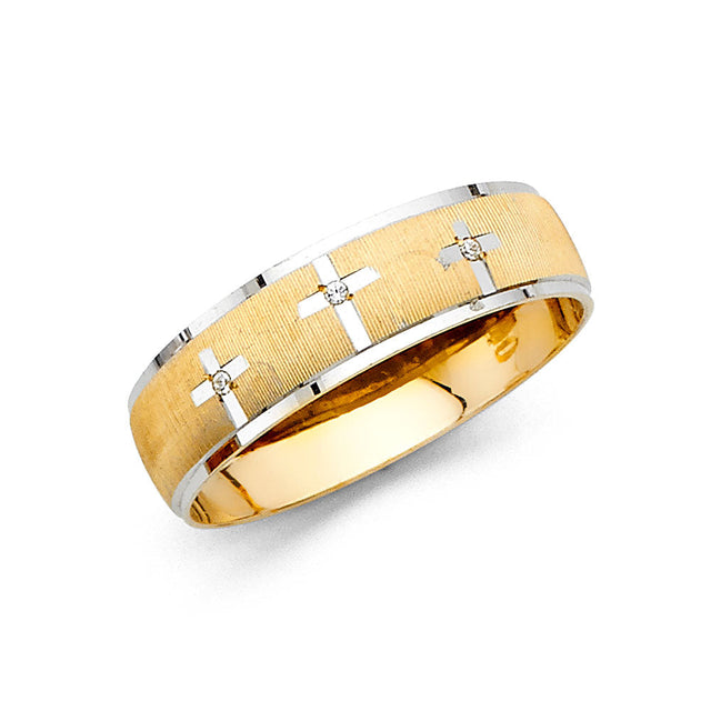 14K Two-Tone Gold CZ Cross Wedding Trio Set — Men's Wedding Band on White Background