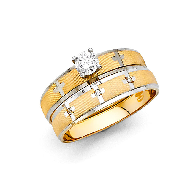 14K Two-Tone Gold Cross Wedding Trio Set