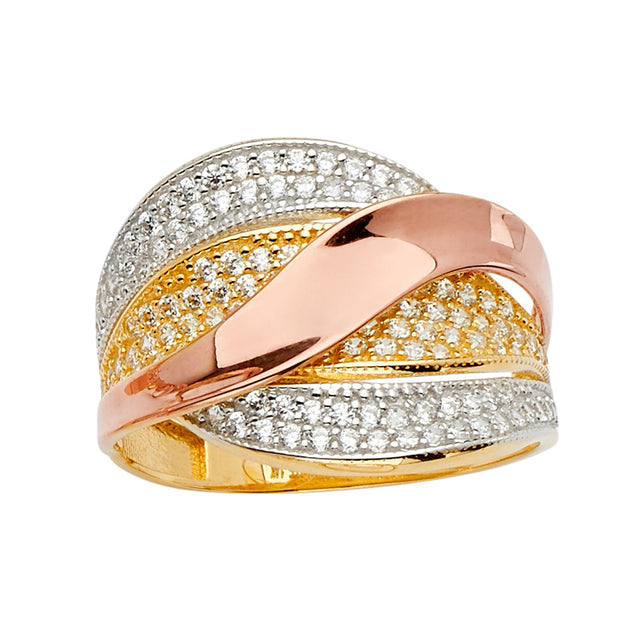 14K Tricolor Gold Pavé Dome Crossover Ring