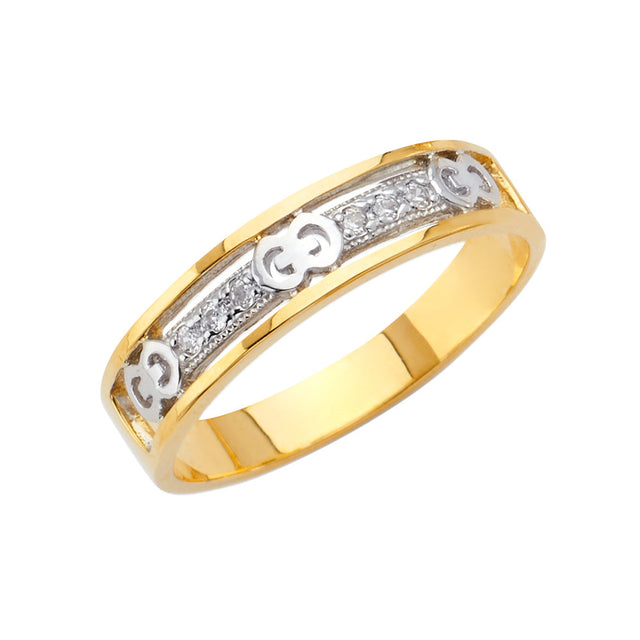 14K Two-Tone Gold Scroll & Milgrain CZ Men's Wedding Band