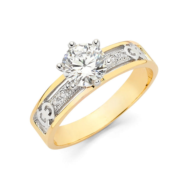 14K Two-Tone Gold Round Stone Scroll Engagement Ring