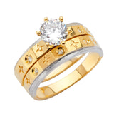 14K Two-Tone Gold Celestial Wedding Trio Set — Engagement Ring on White Background