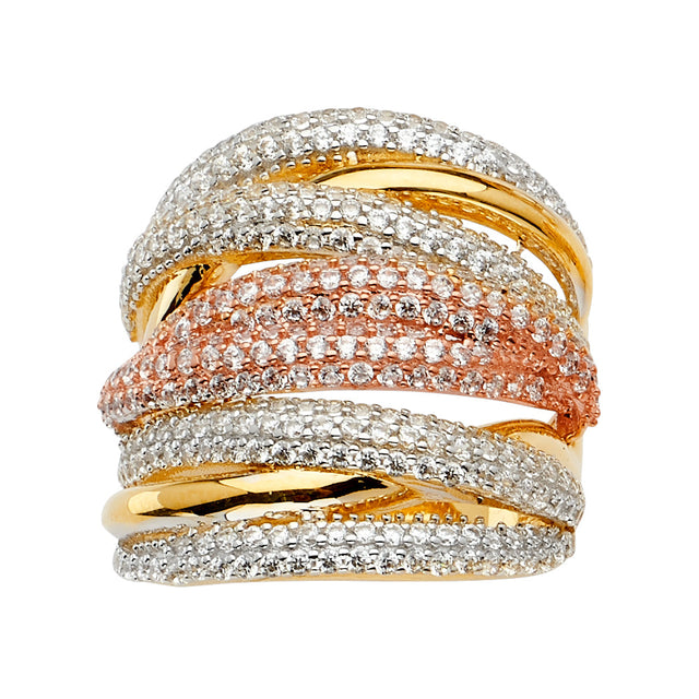 14K Tricolor Gold Pavé Domed Multi-Row Ring on White Background