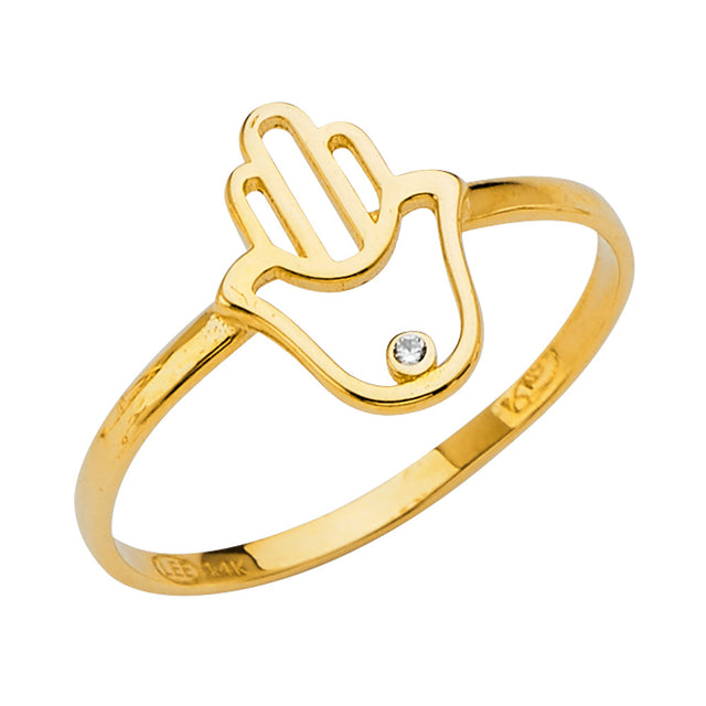 14K Yellow Gold Hamsa Hand Ring on White Background
