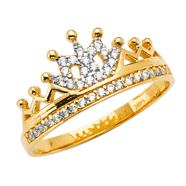 14K Two-Tone Gold Royal Crown Tiara Ring on White Background