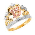 14K Tri-Color Gold Quinceanera 15 Anos Crown Ring