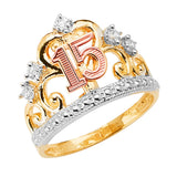 14K Tri-Color Gold Quinceanera 15 Anos Crown Ring