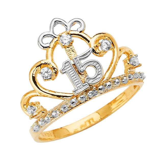 14K Two-Tone Gold Quinceanera 15 Anos Crown Ring