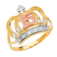 14K Tri-Color Gold Quinceanera 15 Anos Crown Ring with Cross