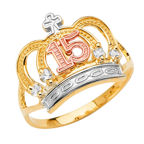 14K Tri-Color Gold Quinceanera 15 Anos Crown Ring with Cross