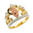 14K Tri-Color Gold Openwork Scroll Our Lady of Guadalupe Crown Ring on White Background