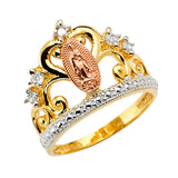 14K Tri-Color Gold Openwork Scroll Our Lady of Guadalupe Crown Ring on White Background