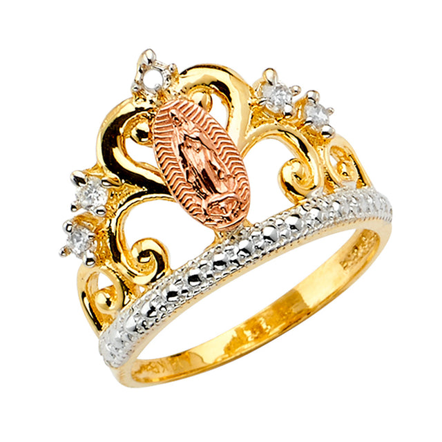 14K Tri-Color Gold Openwork Scroll Our Lady of Guadalupe Crown Ring on White Background