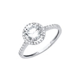 14K White Gold Round Halo Pavé Engagement Ring on White Background