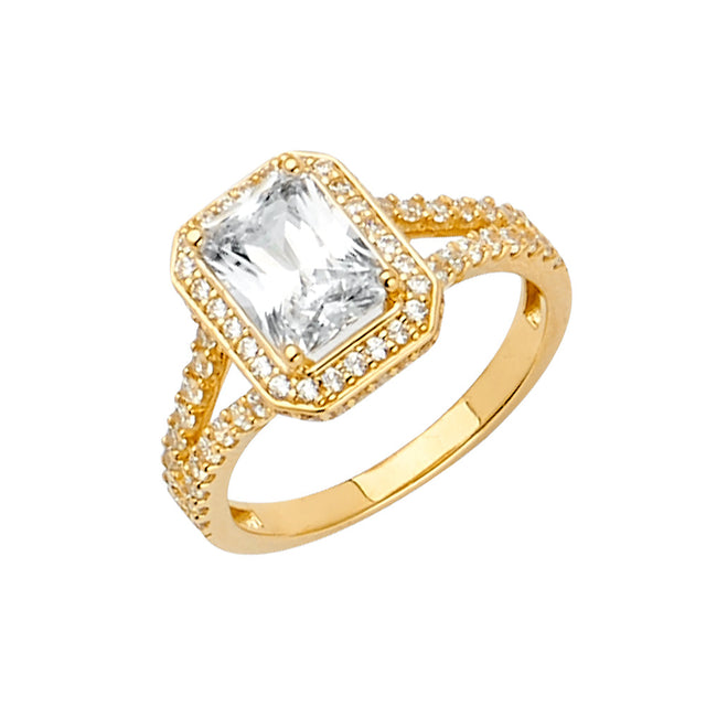 14K Yellow Gold Rectangular Halo Split-Shank Engagement Ring on White Background