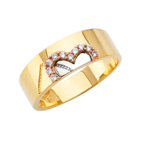 14K Tri-Color Gold Double-Heart Crown Wedding Trio Set on White Background