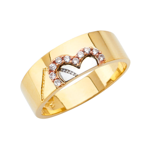 14K Tri-Color Gold Double-Heart Crown Wedding Trio Set on White Background