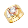 14K Tri-Color Gold Double-Heart Crown Wedding Trio Set on White Background