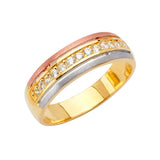 14K Tricolor Gold Diagonal Channel Wedding Trio Set on White Background