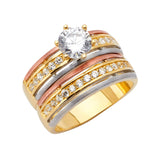 14K Tricolor Gold Diagonal Channel Wedding Trio Set on White Background