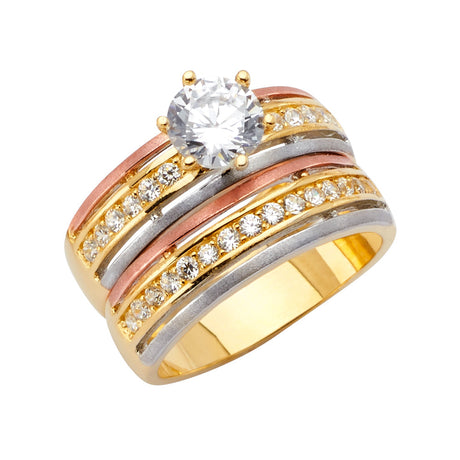 14K Tricolor Gold Diagonal Channel Wedding Trio Set on White Background