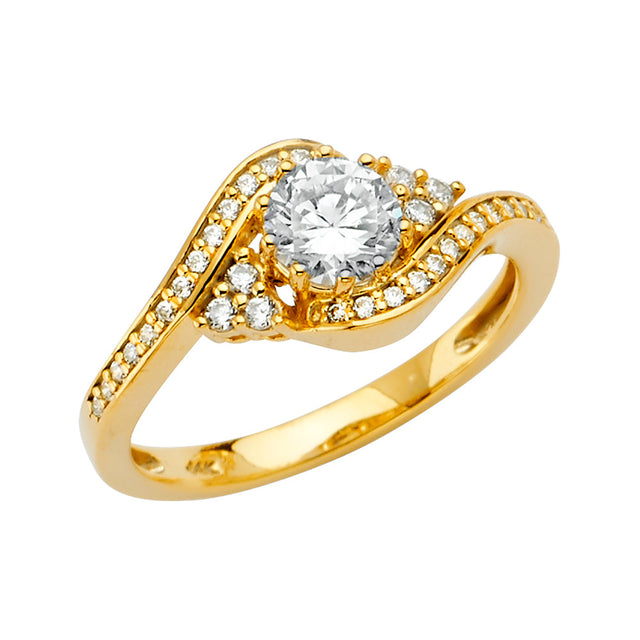 14K Yellow Gold Round Bypass Solitaire Engagement Ring on White Background