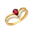 14K Yellow Gold Pear-Shaped Simulated Ruby Chevron Ring on White Background