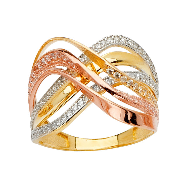 14K Tricolor Gold Multi-Line X Crossover Ring on White Background