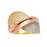 14K Tricolor Gold Wave Crossover Ring on White Background