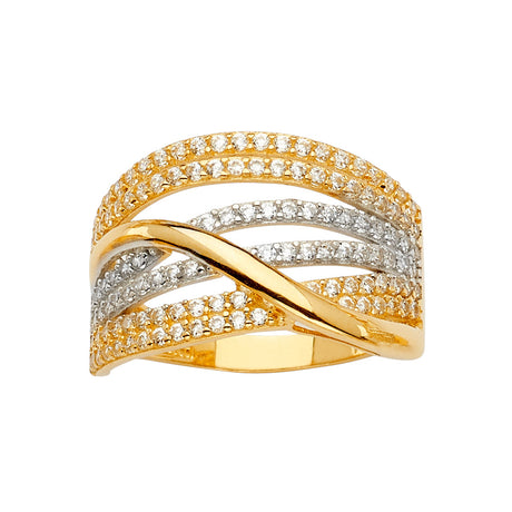 14K Tricolor Gold Multi-Line Crossover Ring on White Background
